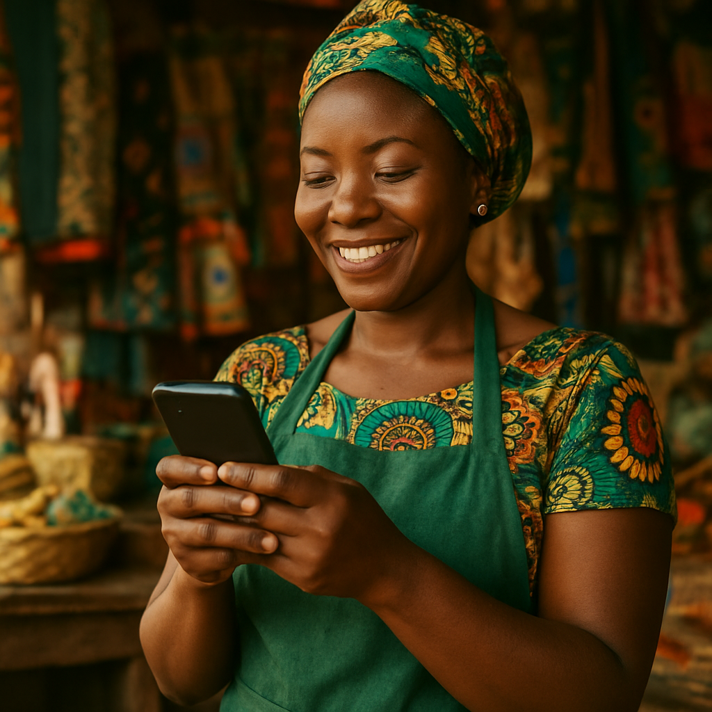 Commerçante africaine gérant sa boutique avec un smartphone